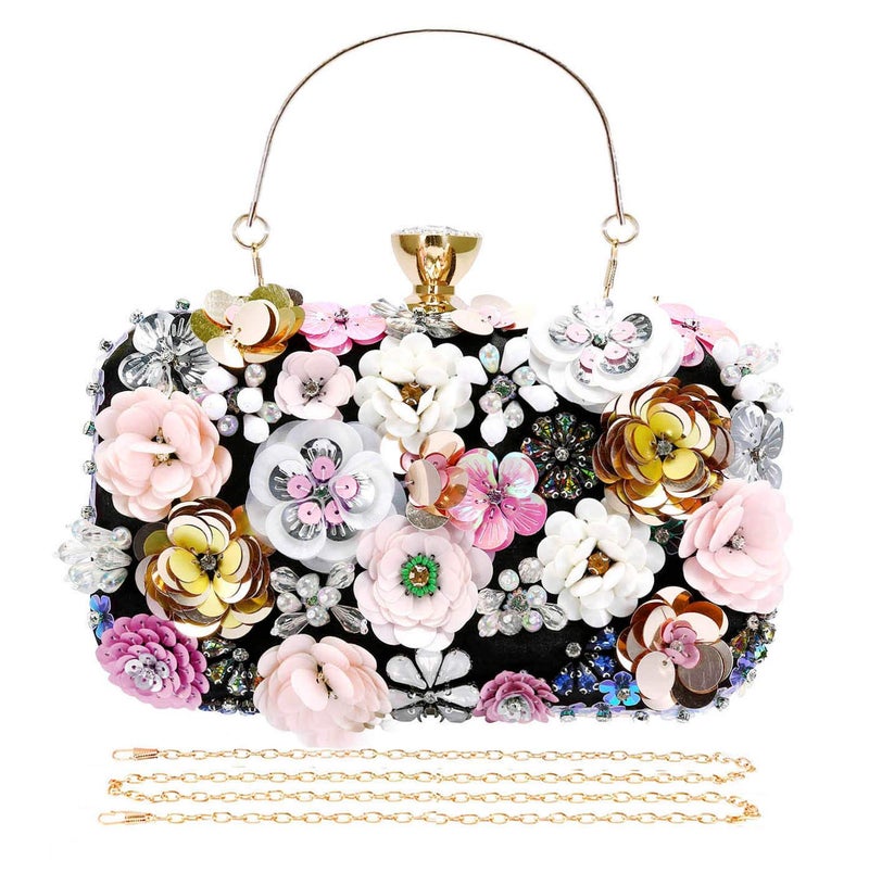 Selighting Colorful Floral Clutch Evening Bags for Women Formal Beaded Wedding Purse Prom Cocktail Party Handbags Black - Image 1